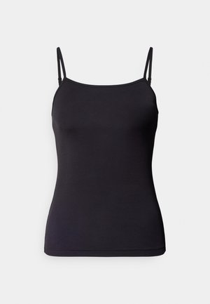 Black camisole with thin adjustable straps. Smooth material, fitted design, and a simple neckline. No additional patterns or accents.