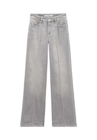 Grey wide-leg jeans made of denim, featuring a faded finish, button fly, two front pockets, and clean-cut hems.