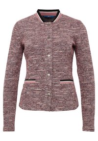 Rosa und graue texturierte Jacke mit rundem Kragen, Frontknöpfen und zwei schwarzen Akzent-Taschen. Texturiertes Gewebe mit einem gewebten Design.