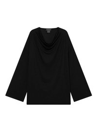 Schwarzes, lockeres Oberteil mit langen Ärmeln, drapiertem Ausschnitt und weicher Textur. Schlichtes Design, geeignet zum Layering oder für die Freizeit.