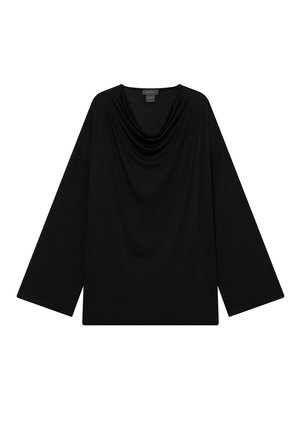 Schwarzes, lockeres Oberteil mit langen Ärmeln, drapiertem Ausschnitt und weicher Textur. Schlichtes Design, geeignet zum Layering oder für die Freizeit.