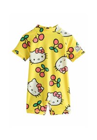 Sárga, rövid ujjú napernyő, ismétlődő Hello Kitty mintával cseresznyékkel, rugalmas anyagból, fodros éllel.