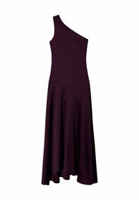 Robe un épaule, de couleur violet foncé, en tissu lisse ; corsage ajusté qui se prolonge en une coupe asymétrique évasée.