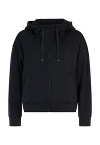 Zwarte zip-up hoodie met hoge hals, verstelbare capuchon, twee voorzakken en geribbelde manchetten. Gemaakt van een zachte, gladde stof.