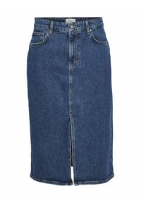 Mørkeblå denimskjørt med slisse foran, fem lommer og midjebånd med beltehemper. Har synlige sømmer og glidelås.