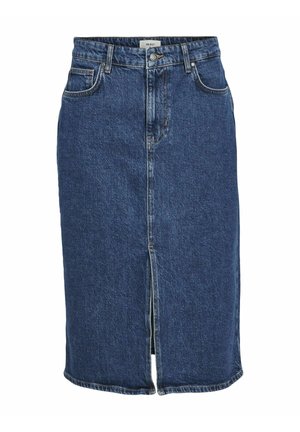 Denim skirt in dark blue with a front slit, five pockets, and a waistband with belt loops. Features visible stitching and a zipper closure.