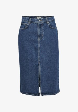Denim skirt in dark blue with a front slit, five pockets, and a waistband with belt loops. Features visible stitching and a zipper closure.