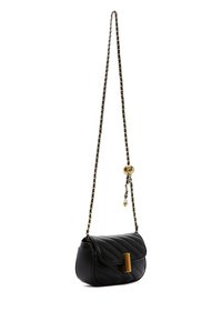 Borsa a tracolla in pelle trapuntata nera con chiusura in metallo dorato e tracolla a catena, caratterizzata da una forma arrotondata e un motivo testurizzato.