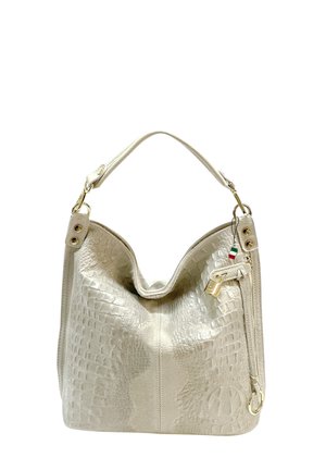 Beige krokodillenprint handtas met een gladde afwerking, een gebogen bovenkant, een enkele schouderband en gouden accenten, met een zijritszak.