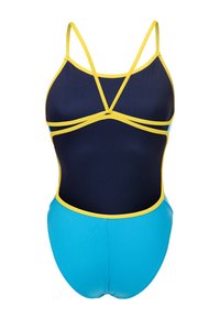 Heldragt med en marineblå overdel og en aqua farvet underdel. Den er pyntet med lysegule stropper og kanter, har en tætsiddende pasform og en glat tekstur.