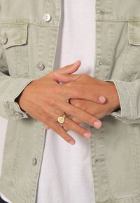 Helles grünes Jeansjacke mit silbernen Knöpfen, getragen über einem weißen T-Shirt. Ein goldener Siegelring hat ein einzigartiges eingraviertes Design auf der Hand.