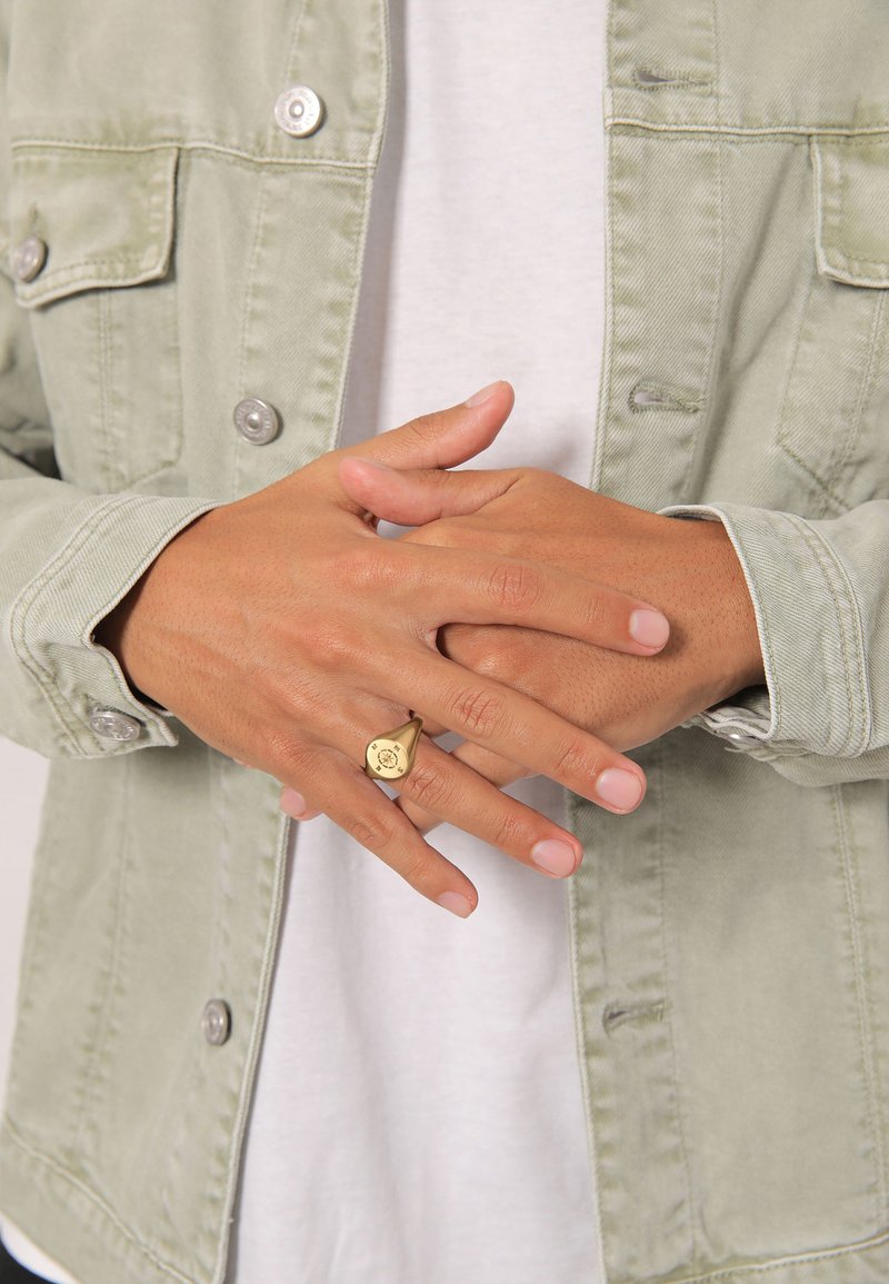 Helles grünes Jeansjacke mit silbernen Knöpfen, getragen über einem weißen T-Shirt. Ein goldener Siegelring hat ein einzigartiges eingraviertes Design auf der Hand.