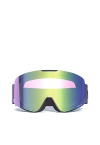 Skidglasögon med en bred, böjd lins som har en gradient i gröna, blå och rosa nyanser; svart justerbart band, mjuk inre vaddering.