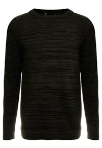 Pull vert foncé à manches longues avec un motif texturé subtil. Encolure ronde et manches raglan. Petit logo sur la poitrine.