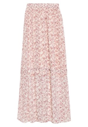 Długa, jasnoróżowa spódnica z małym ciemnoróżowym kwiatowym wzorem i warstwowymi falbanami w pobliżu brzegu.