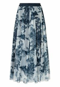 Langer, plissierter Rock aus leichtem, transparentem Stoff mit einem floralen Muster in Dunkelblau auf einem hellblauen Hintergrund. Elastischer Taillenbund.