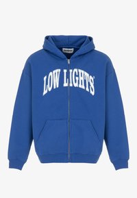 Felpa blu con zip realizzata in cotone, con un grande logo bianco "LOW LIGHTS" sul petto e due tasche frontali.
