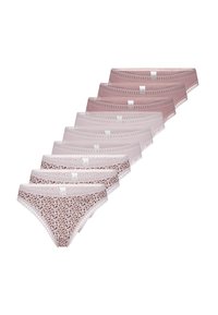 Sæt med ti kvindelige stringtrusser i nuancer af pink, med en blanding af ensfarvede og leopardprint designs, med delikat blonderkant langs kanterne.