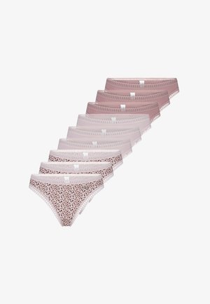 Zestaw dziesięciu damskich stringów w odcieniach różu, obejmujący mieszankę jednolitych kolorów i wzoru w panterkę, z delikatną koronkową lamówką na brzegach.