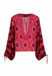 Blusa colorata e a fantasia con scollatura a V profonda, maniche lunghe a palloncino con lacci e motivi geometrici nei toni del rosa e del bordeaux.