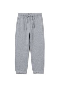 Hellgraue Jogginghose mit elastischem Bund, Kordelzug, Seitentaschen und elastischen Bündchen, flach ausgebreitet.