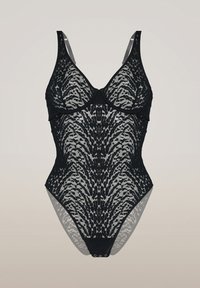 Svart spetsbodysuit med blommönster, V-ringning, justerbara axelremmar och tryckknappar i botten för stängning.