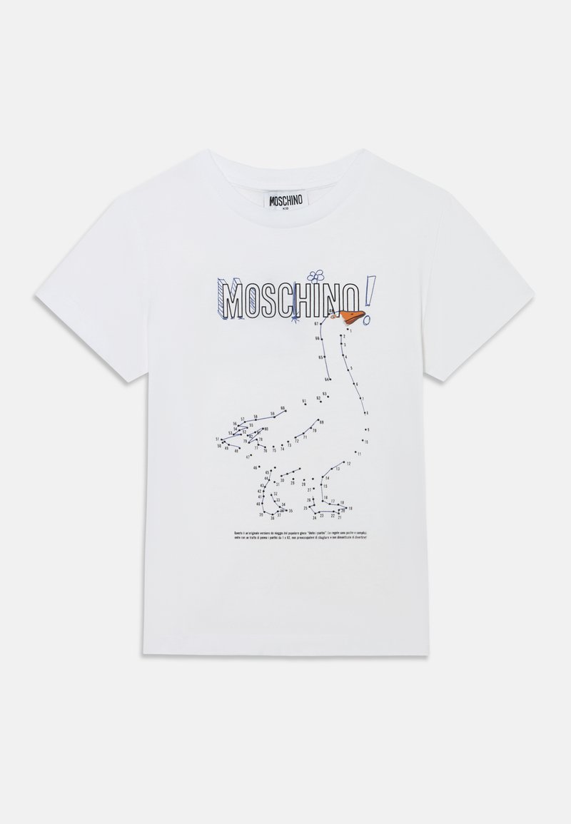 Λευκό παιδικό μπλουζάκι Moschino με σχέδιο πάπιας που ενώνονται οι κουκκίδες και το όνομα της μάρκας σε μεγάλα γράμματα περιγράμματος στην κορυφή.