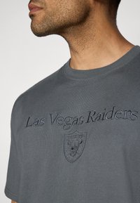 Siva bombažna majica s kratkimi rokavi, ki na sprednji strani vsebuje vezeno besedilo in logo "Las Vegas Raiders". Gladka tekstura, krožni ovratnik.