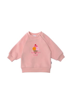 Rosa Langarm-Kinderpullover mit Eiscreme-Kegel-Grafik, der drei lächelnde Kugeln zeigt, und dem Schriftzug "Gourmet Club" auf der Vorderseite.
