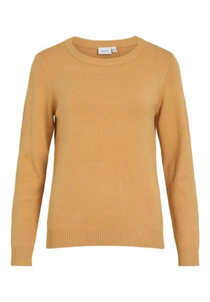 Suéter de punto amarillo mostaza con cuello redondo, mangas largas y puños y dobladillo acanalados. Textura suave, sin patrones ni acentos visibles.