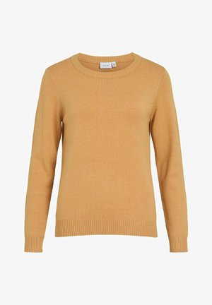 Suéter de punto amarillo mostaza con cuello redondo, mangas largas y puños y dobladillo acanalados. Textura suave, sin patrones ni acentos visibles.