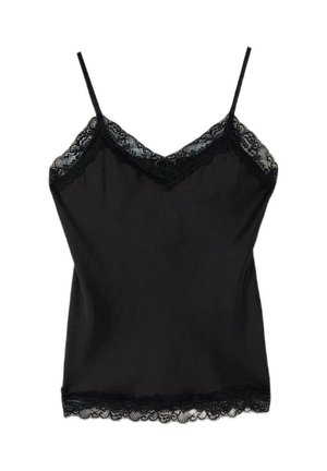 Zwarte mouwloze cami met kanten afwerking langs de V-hals, bandjes en zoom, op een witte achtergrond.