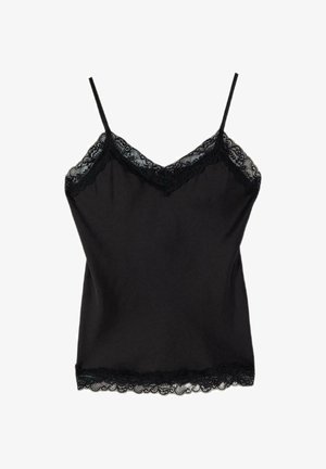 Zwarte mouwloze cami met kanten afwerking langs de V-hals, bandjes en zoom, op een witte achtergrond.