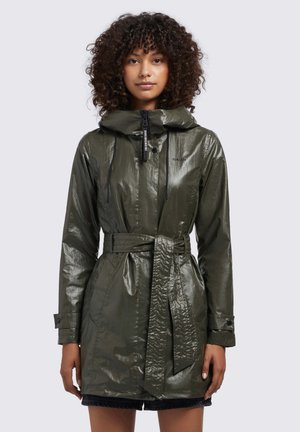 Olive green, shiny fabric jacket with a hood, drawstring, belt at the waist, and zip closure. Features a subtle logo in black.