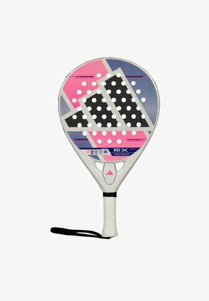 Adidas RX Light Paddle mit abgerundeter Form, weißem Griff und mehrfarbiger Oberfläche mit rosa, blauen und schwarzen geometrischen Mustern sowie weißen Punkten.