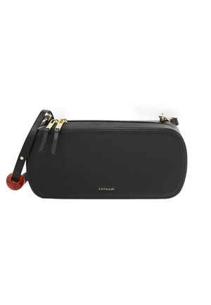 Sac bandoulière rectangulaire en cuir noir avec double fermeture éclair dorée, sangle réglable et accent circulaire marron à l'extrémité de la sangle.