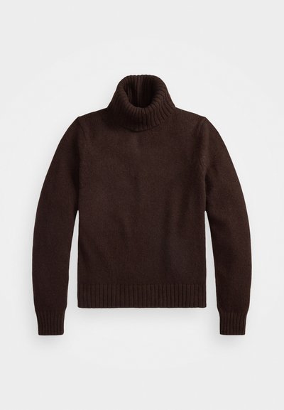 Suéter marrón de punto grueso con cuello alto y ribete en el dobladillo. Presenta mangas largas y un corte holgado, fabricado con un material textil suave.