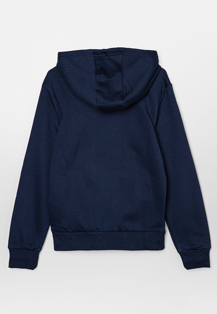 Marineblaue Kapuzen-Sweatshirtjacke aus strukturiertem Stoff, mit elastischen Bündchen und einem Bund. Sauberes Design ohne sichtbare Grafiken.
