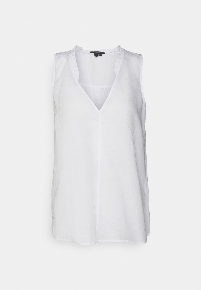 Top branco sem mangas com um decote em V, apresentando um acabamento com babados. Feito de tecido leve com um corte descontraído. Sem fechos visíveis.