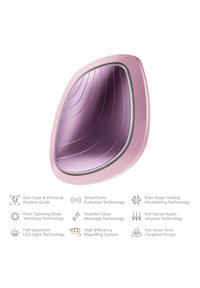 Appareil de soin de la peau rond en rose avec une coque extérieure lisse, un intérieur profilé et des caractéristiques telles que la technologie LED et plusieurs options de traitement.