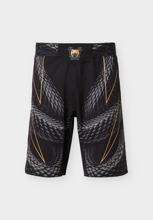 Crne kratke hlače s uzorkom ljuskica zmije u sivoj boji i žutim detaljima, s logotipom stilizirane zmijske glave na sredini pojasa.