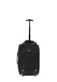 Maleta negra con ruedas con asa telescópica extendida, bolsillo frontal con cremallera, bolsillo lateral de malla y dos ruedas sobre fondo blanco.