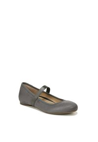 Ballerines en tissu gris avec un bout arrondi et une fine sangle sur le cou-de-pied. Texture douce et design minimaliste. Semelle plate en caoutchouc.