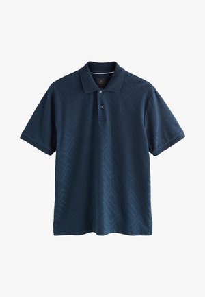 Tricou polo bleumarin cu mânecă scurtă, model geometric subtil, cu închidere cu două nasturi și guler și manșete texturate.