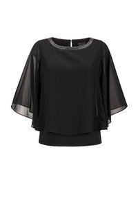 Schwarze Bluse mit durchsichtigen Glockenärmeln und einem runden Halsausschnitt, der mit Strasssteinen verziert ist. Verfügt über einen Reißverschluss auf der Rückseite.