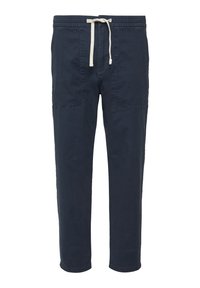 Navy blauwe katoenen broek met een elastische tailleband en een witte trekkoord. Voorzien van zijzakken en een ontspannen pasvorm.