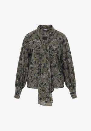 Kvetinová blúzka v odtieňoch zelenej a šedej, s viazaním na krku, dlhými balónovými rukávmi a textúrovanou tkaninou s mierne priesvitným povrchom.
