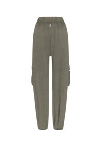 Oliwkowe spodnie cargo wykonane z miękkiego materiału, z elastycznym pasem i bocznymi kieszeniami użytkowymi. Luźne, zwężane nogawki.