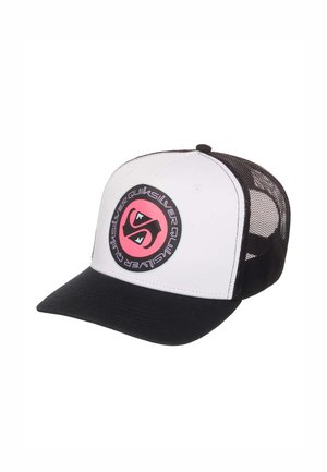 Weiße und schwarze Trucker-Kappe aus Mesh mit gebogenem Schirm und rundem rosa-schwarzem Quiksilver-Logo auf der Vorderseite.