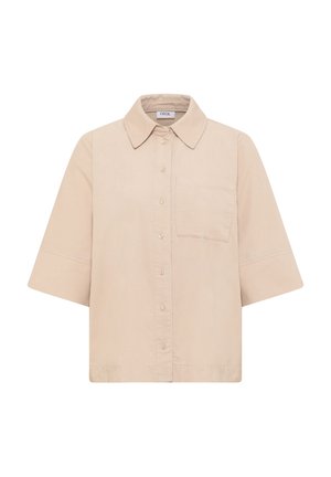 Korte mouwen, beige shirt van corduroy met een knoopsluiting aan de voorkant, een puntige kraag en een enkele borstzak. Zachte textuur, ontspannen pasvorm.